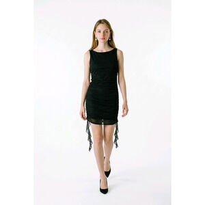 Liz And Sara Open Back Mesh Fabric Ruched Bodycon Ruffle Sash Mini Dress Size M